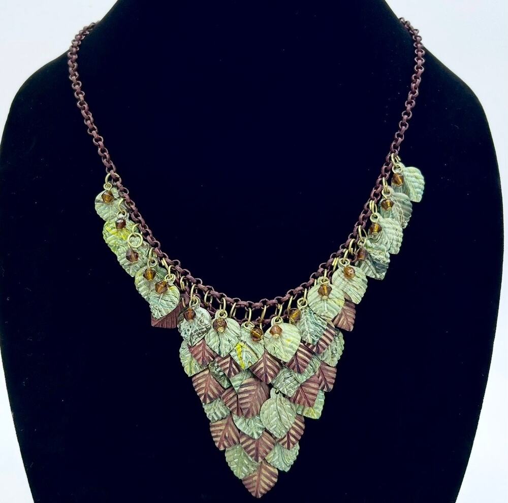 Vintage Leaves Bib Statement Necklace Brown Green Woodland Fairy Fairycore Bead